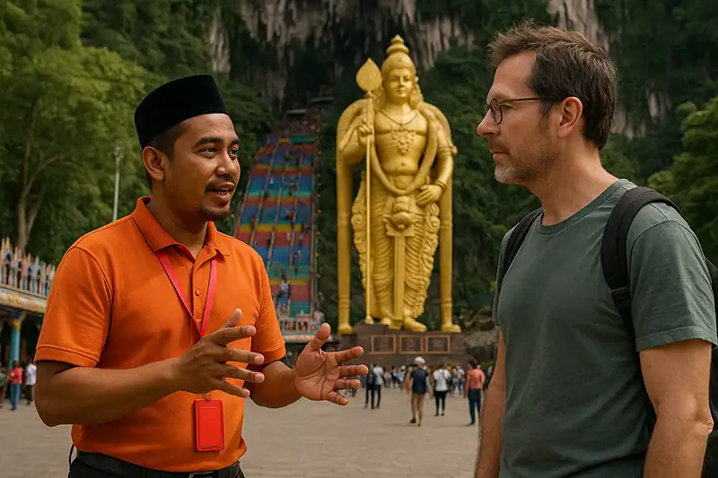Local tour guide explaining Batu Caves to a tourist in front of the golden Lord Murugan statue — a personalised experience on a Batu Caves private tour.
