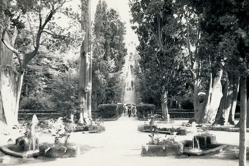 Black and white historical photo showing the original one-lane Batu Caves staircase surrounded by tall trees and a garden path.