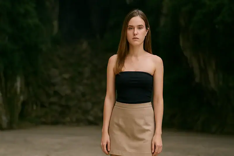 A young woman wearing a tube top and short skirt standing in front of Batu Caves, demonstrating attire not suitable for visiting the temple.