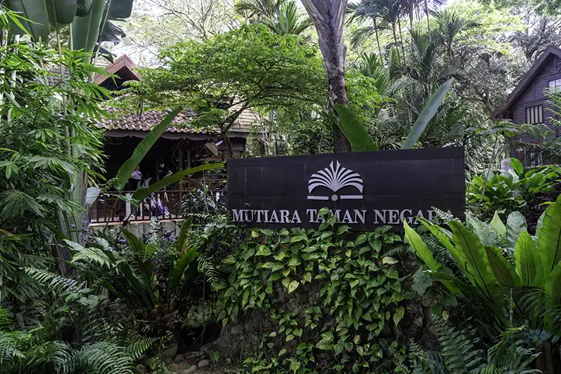 Entrance sign of Mutiara Taman Negara Resort surrounded by tropical plants and rainforest foliage