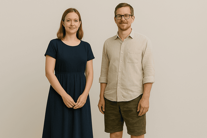 Tourists on a Batu Caves tour wearing modest clothing — a woman in a knee-length dress and a man in a collared shirt with knee-length shorts.”