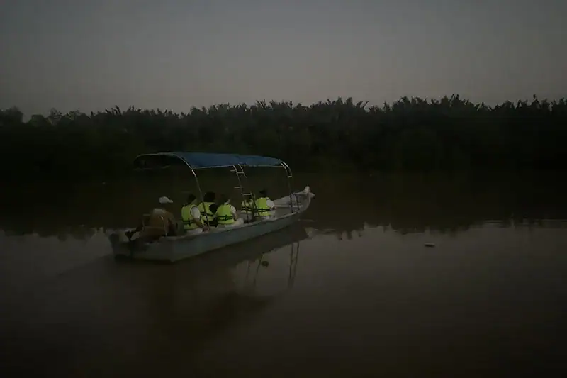 Tourists on a boat at Bukit Belimbing Firefly Park heading toward the mangrove forest to watch fireflies.