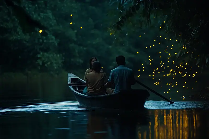 Tourists on a wooden boat gliding along the Selangor River at night, surrounded by glowing fireflies in Kuala Selangor’s mangrove forest.
