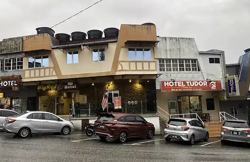 Budget hotels along the main street in Brinchang town, Cameron Highlands, Malaysia