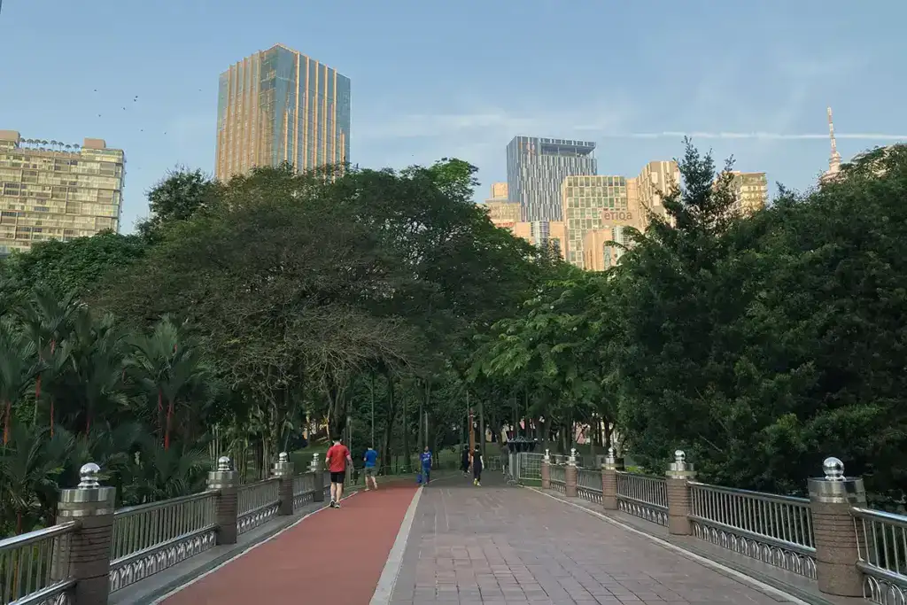 Shaded jogging track at KLCC Park during a cooler time of day