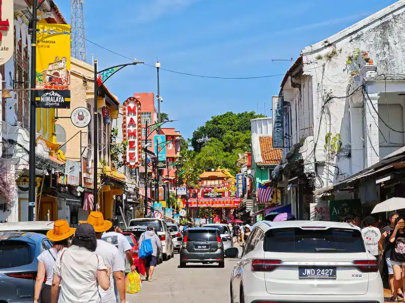 Jonker Street in Malacca’s historic old town lined with traditional shophouses